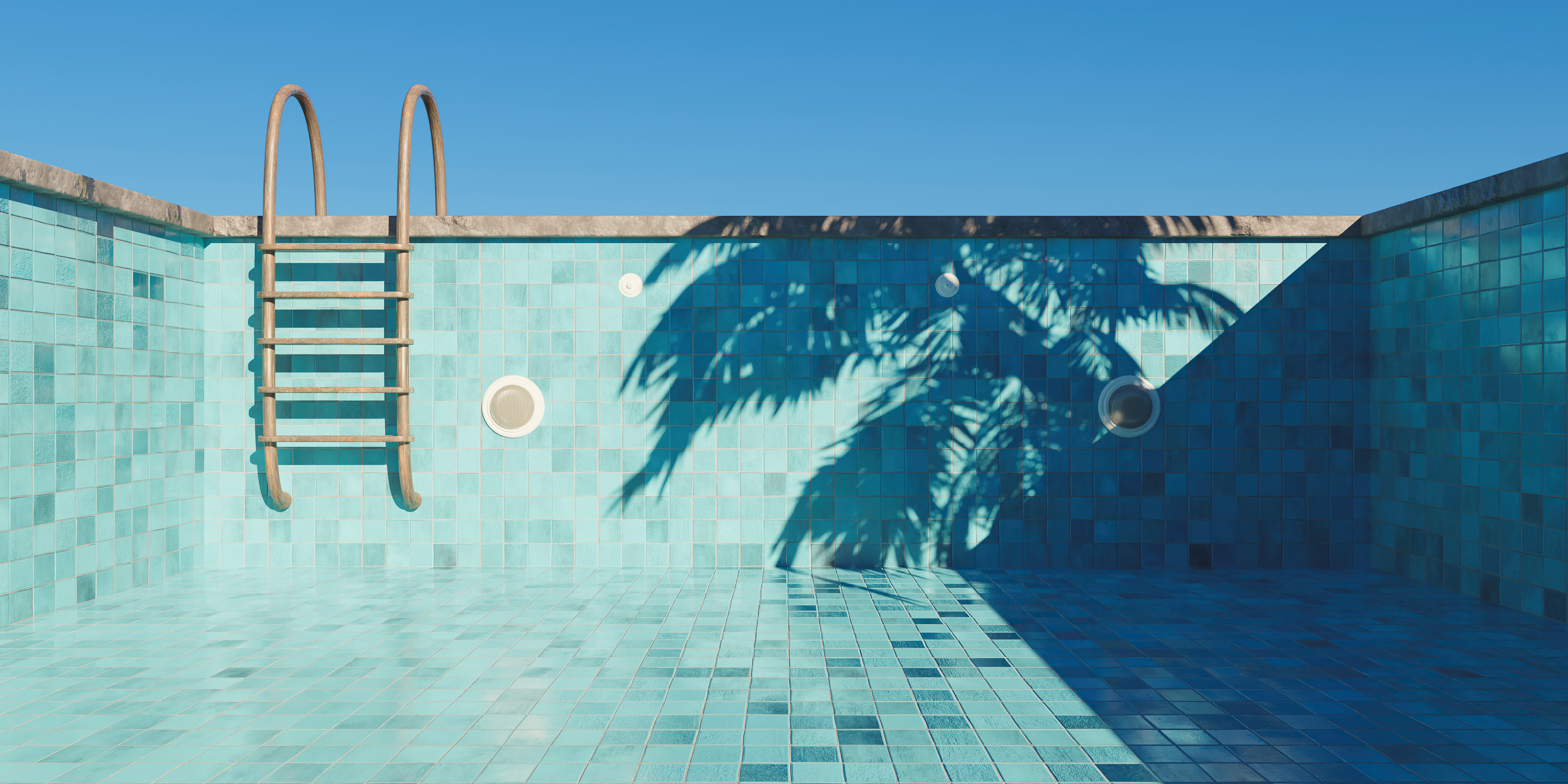 Empty swimming pool with ladder, tiled walls, and palm tree shadow under blue sky